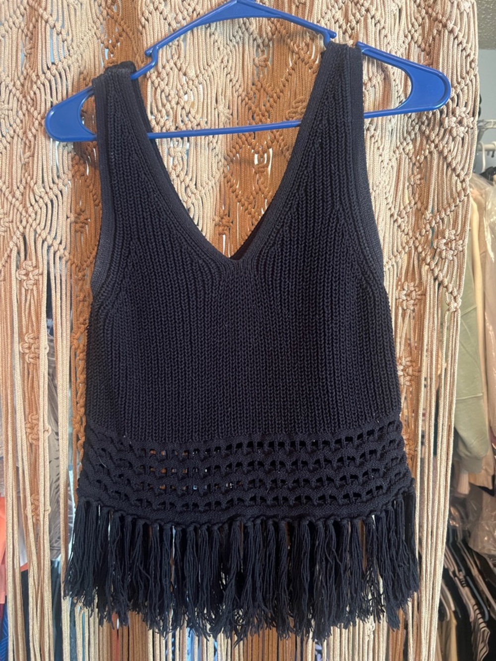 Club Monaco Black Crochet Fringe Tank Top